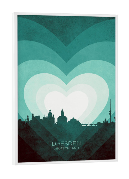 Poster mit weißem Rahmen "Dresden Skyline Heart blaugrün" artboxONE - Städte
