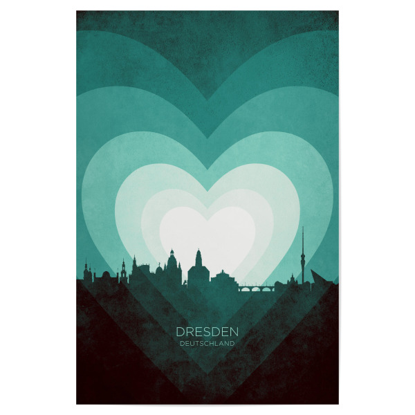 Poster "Dresden Skyline Heart blaugrün" artboxONE - Städte - Dresden,Deutschland,Herz,Liebe,Romantiker,Valentinstag,Skyline,Stadtbild,Stattbild
