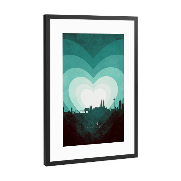 Poster mit Rahmen Schwarz (Metallic) "Köln Skyline Heart Teal" artboxONE - Städte