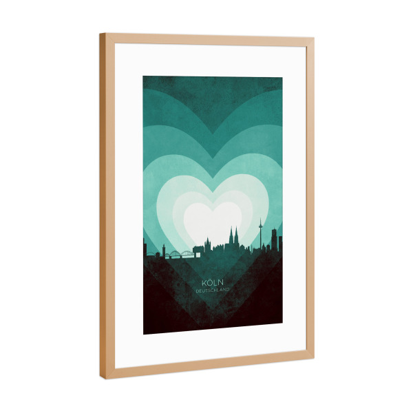 Poster mit Rahmen Kupfer "Köln Skyline Heart Teal" artboxONE - Städte - Köln,Deutschland,Herz,Liebe,Romantiker,Valentinstag,Skyline,Stattbild