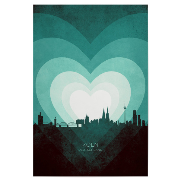 Poster 30x20 cm "Köln Skyline Heart Teal" artboxONE - Städte - Köln,Deutschland,Herz,Liebe,Romantiker,Valentinstag,Skyline,Stattbild