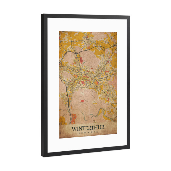 Poster mit Rahmen Schwarz (Metallic) "Retro Winterthur City" artboxONE - Städte / Weitere,Kartografie