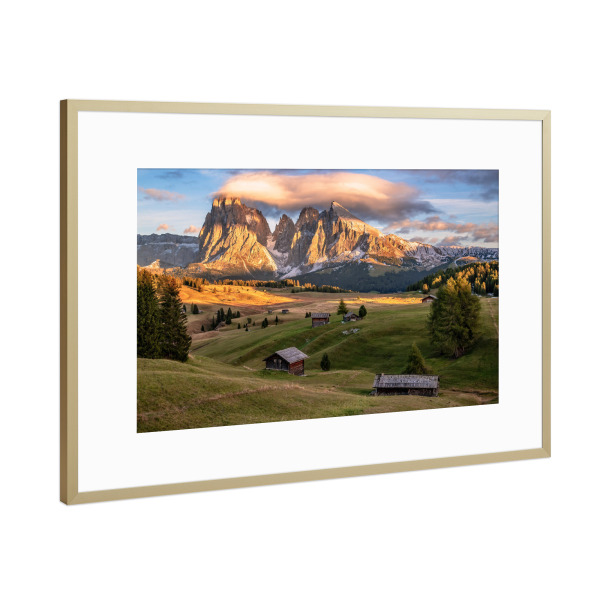 Poster mit Rahmen Gold "Sonnenuntergang Seiser Alm" artboxONE - Natur,Reise