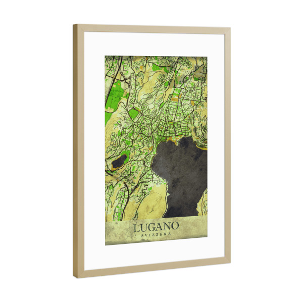 Poster mit Rahmen Gold "Lugano Vintage City Map" artboxONE - Städte / Weitere,Kartografie