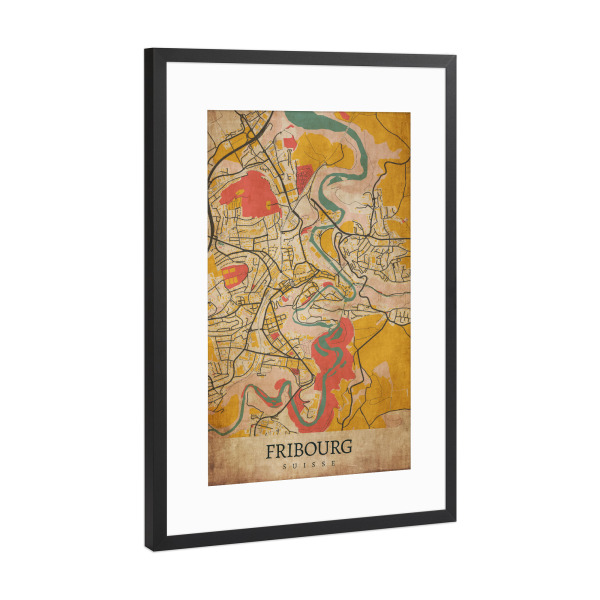 Poster mit Rahmen Schwarz (Metallic) "Retro Fribourg City" artboxONE - Städte / Weitere,Kartografie