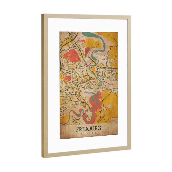 Poster mit Rahmen Gold "Retro Fribourg City" artboxONE - Städte / Weitere,Kartografie