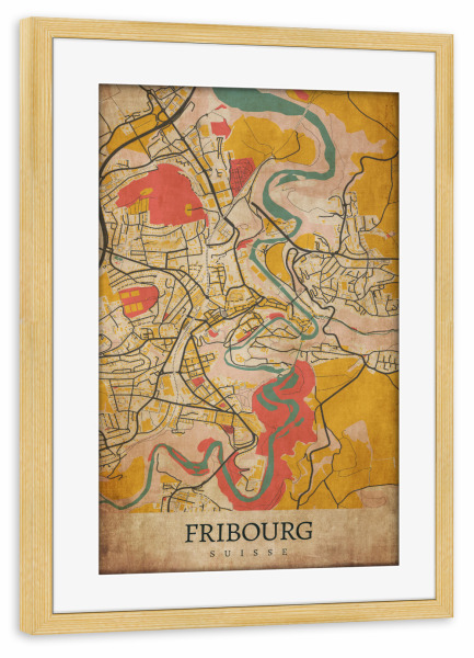 Poster mit Rahmen kiefer "Retro Fribourg City" artboxONE - Städte / Weitere,Kartografie
