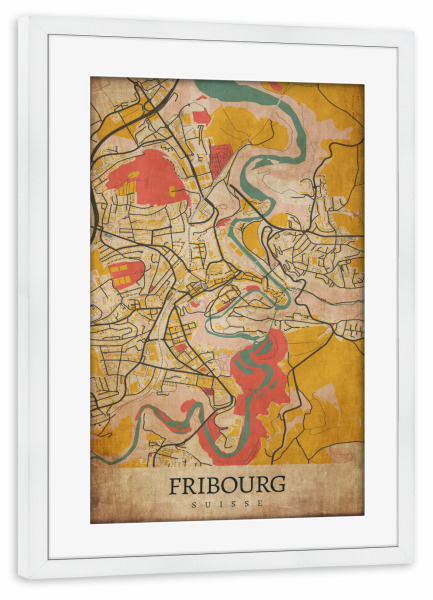 Poster mit Rahmen weiß "Retro Fribourg City" artboxONE - Städte / Weitere,Kartografie