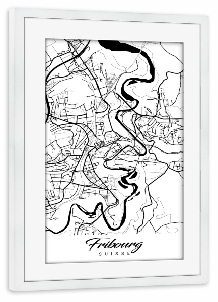 Poster mit Rahmen weiß "Fribourg City Map" artboxONE - Schwarzweiß,Städte / Weitere