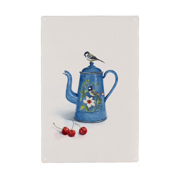 Metall Poster "Blauer Kessel mit Vögeln" artboxONE - Natur,Floral,Essen & Trinken