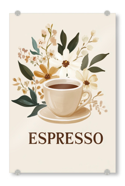 Acrylglasbild "Vintage Espresso mit Blumenstrauß" artboxONE - Natur,Floral,Essen & Trinken
