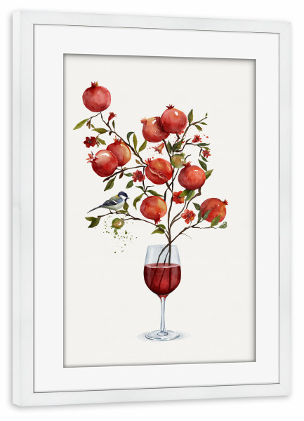 Poster mit Rahmen weiß "Granatapfel in einem Glas Wein" artboxONE - Essen & Trinken,Essen & Trinken / Alkohol,Essen & Trinken / Obst & Gemüse