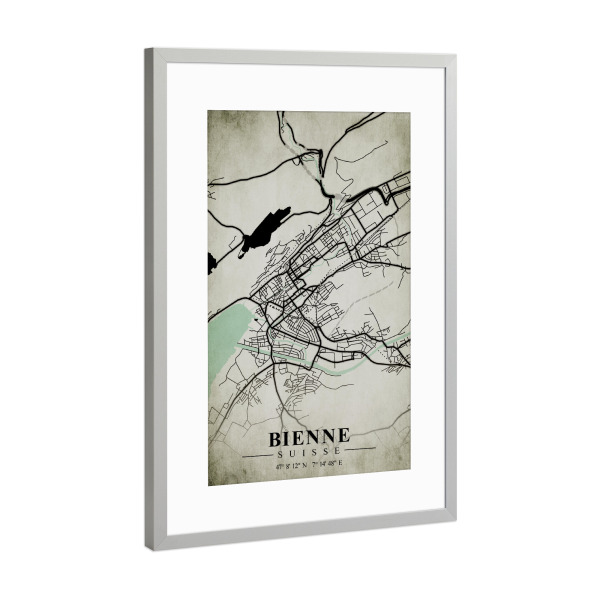 Poster mit Rahmen Silber "Bienne Vintage City" artboxONE - Städte / Weitere,Kartografie