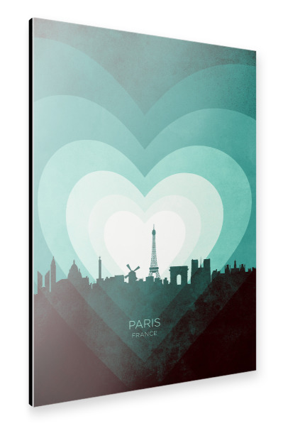 Alu-Dibond "Paris France Skyline Hearts Teal" 30x20 cm artboxONE