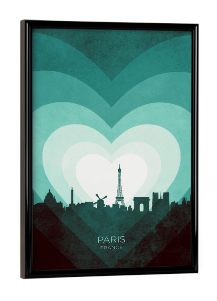 Poster mit schwarzem Rahmen "Paris France Skyline Hearts Teal" artboxONE - Städte