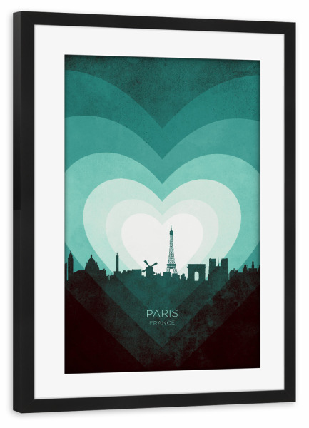 Poster mit Rahmen schwarz "Paris France Skyline Hearts Teal" artboxONE - Städte