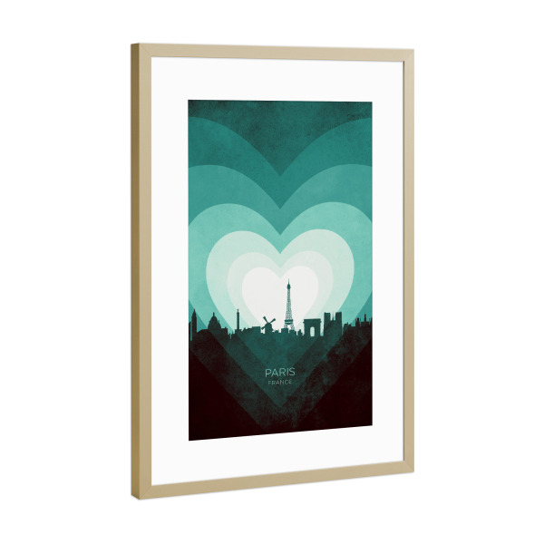 Poster mit Rahmen Gold "Paris France Skyline Hearts Teal" artboxONE - Städte