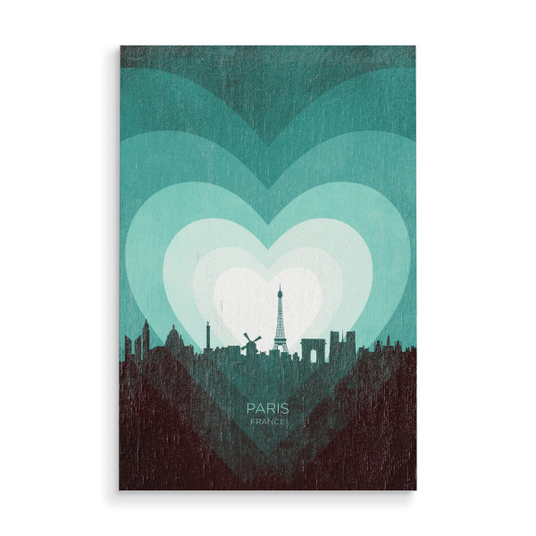 Holzbild "Paris France Skyline Hearts Teal" artboxONE - Städte - Paris,Frankreich,Herz,Liebe,Romantisch,Valentinstag,Skyline,Stadtbild,Stadtbild