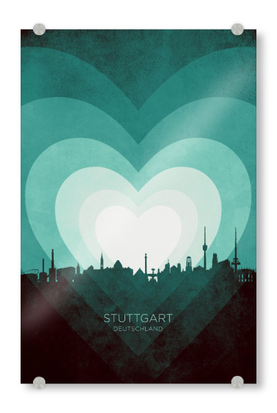 Acrylglasbild "Stuttgart Skyline Heart Teal" artboxONE - Städte - Stuttgart,Deutschland,Herz,Liebe,Romantisch,Valentinstag,Skyline,Stadtbild,Stattbild