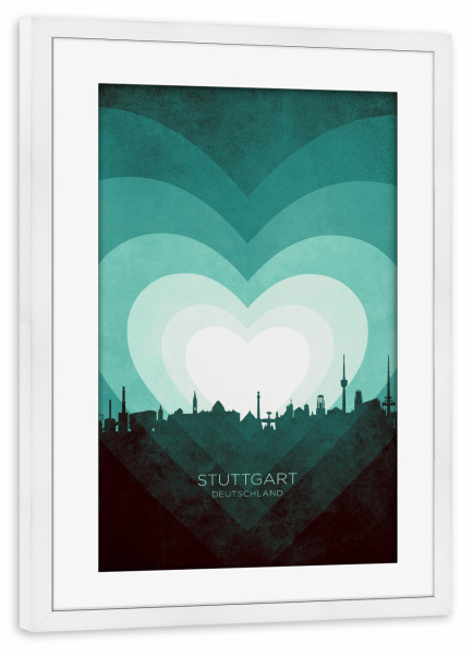 Poster mit Rahmen weiß "Stuttgart Skyline Heart Teal" artboxONE - Städte
