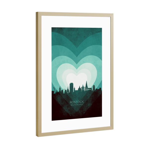 Poster mit Rahmen Gold "Rostock Skyline Heart Teal" artboxONE - Städte