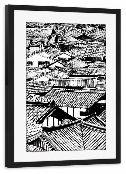Poster mit Rahmen schwarz "Dächer" artboxONE - Städte - Sumie,Japan,Dorf,Asien,Dach,Dächer