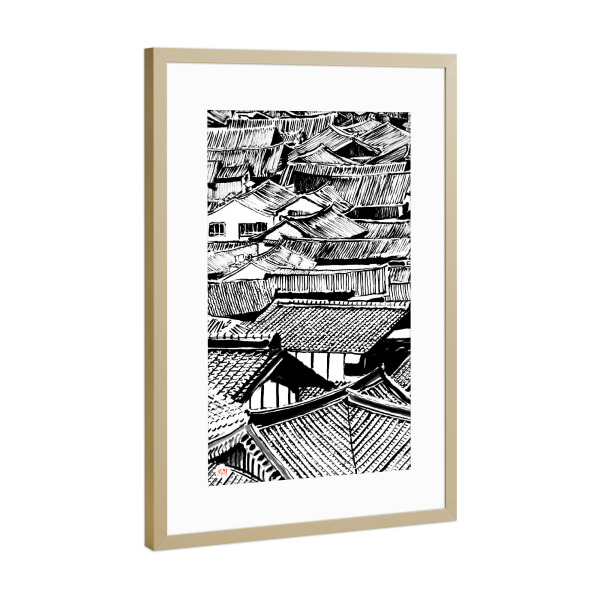 Poster mit Rahmen Gold "Dächer" artboxONE - Städte - Sumie,Japan,Dorf,Asien,Dach,Dächer