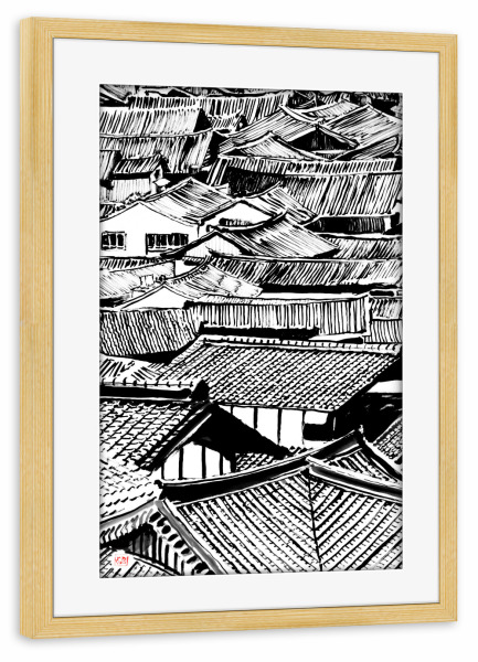 Poster mit Rahmen kiefer "Dächer" artboxONE - Städte - Sumie,Japan,Dorf,Asien,Dach,Dächer