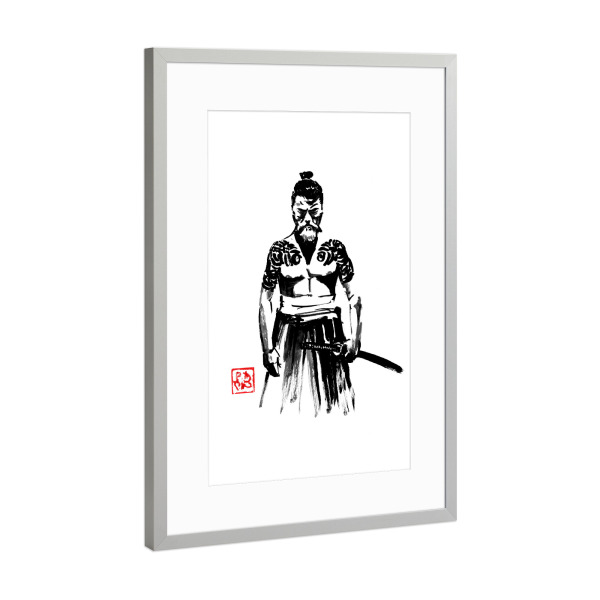 Poster mit Rahmen Silber "Starker Yakuza" artboxONE - Menschen,Schwarzweiß - Yakuza,Samurai,Sumie,Japan,Katana