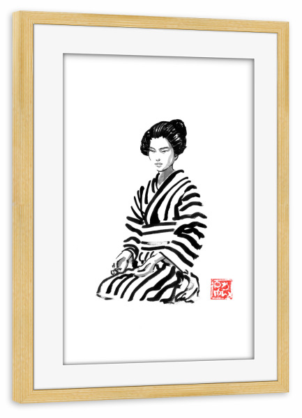 Poster mit Rahmen kiefer "Stripy Geisha" artboxONE - Menschen,Reise / Asien - Geisha,Kimono,Sumie,Japan