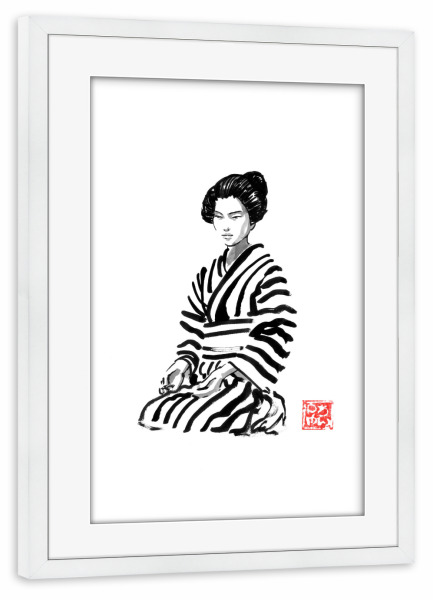 Poster mit Rahmen weiß "Stripy Geisha" artboxONE - Menschen,Reise / Asien - Geisha,Kimono,Sumie,Japan