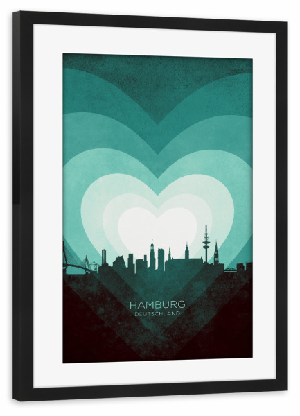 Poster mit Rahmen schwarz "Hamburg Skyline Heart Teal" artboxONE - Städte