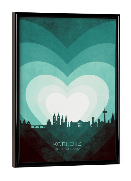 Poster mit schwarzem Rahmen "Kobenz Skyline Heart Teal" artboxONE - Städte