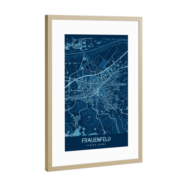 Poster mit Rahmen Gold "City Frauenfeld Map" artboxONE - Städte / Weitere,Kartografie