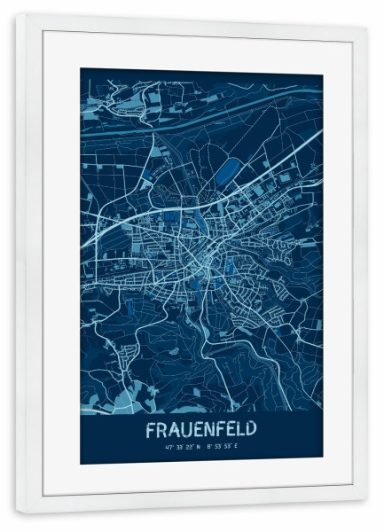 Poster mit Rahmen weiß "City Frauenfeld Map" artboxONE - Städte / Weitere,Kartografie