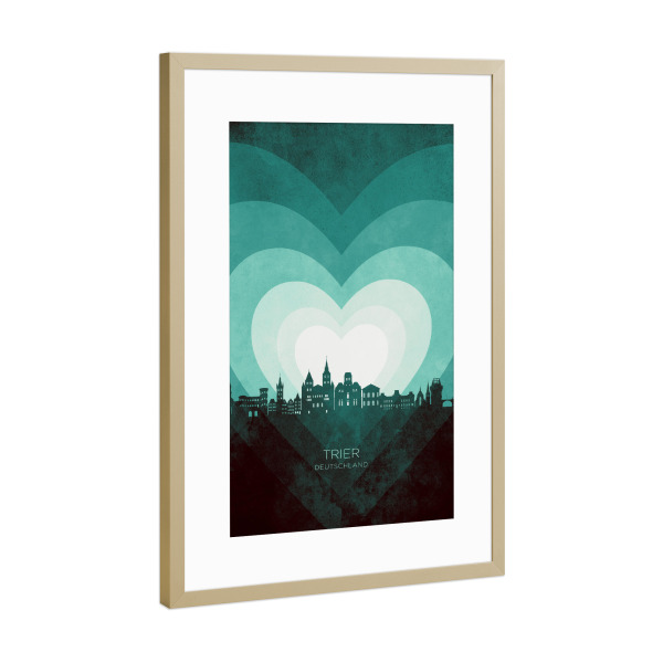 Poster mit Rahmen Gold "Trier Germany Skyline Hearts Teal" artboxONE - Städte
