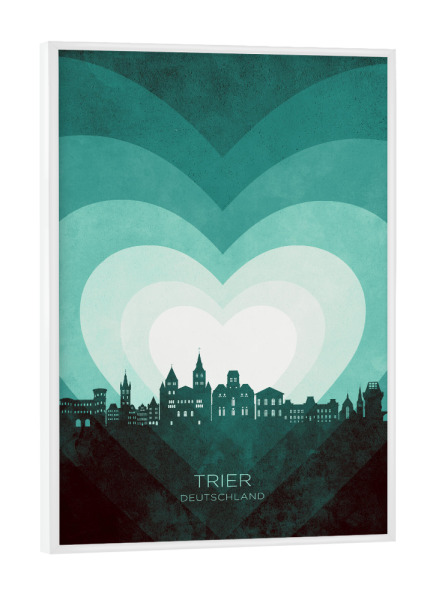 Poster mit weißem Rahmen "Trier Germany Skyline Hearts Teal" artboxONE - Städte