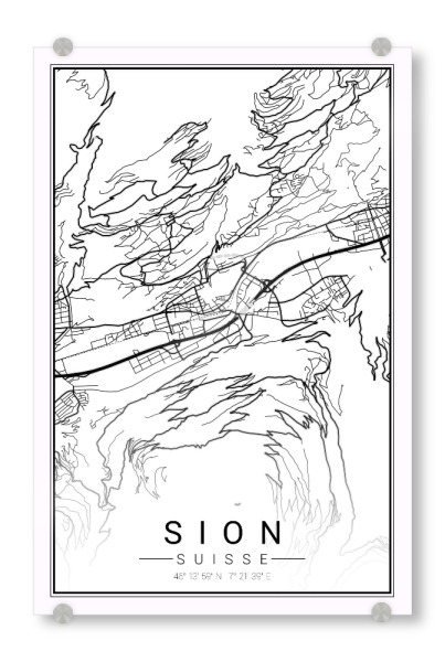 Acrylglasbild "Sitten City Plan" artboxONE - Schwarzweiß,Städte / Weitere,Kartografie