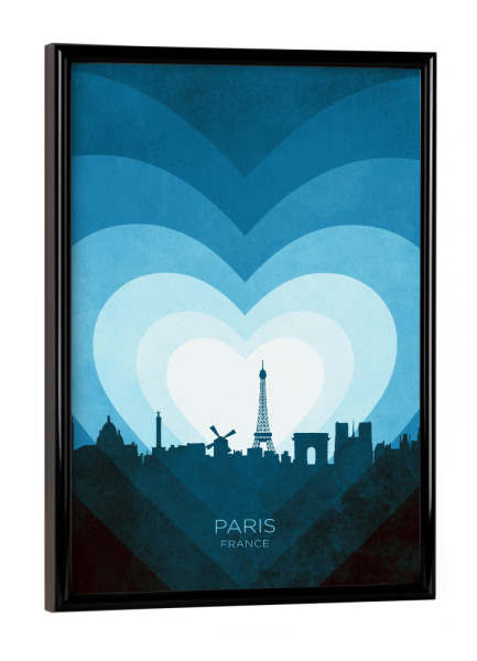 Poster mit schwarzem Rahmen "Paris France Skyline Hearts Blue" artboxONE - Städte