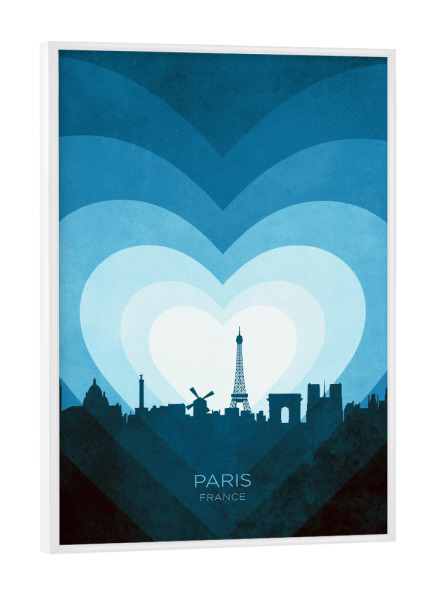 Poster mit weißem Rahmen "Paris France Skyline Hearts Blue" artboxONE - Städte