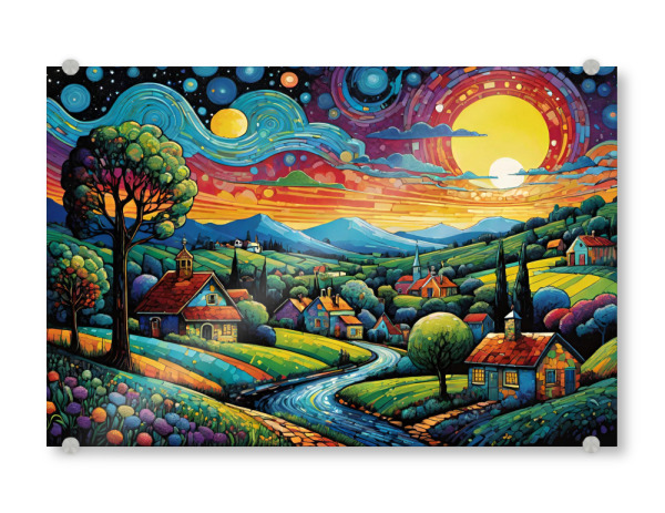 Acrylglasbild "Nach Sonnenaufgang" artboxONE - Natur,Arcadia - Landschaft,Dorf,Bach,Sonnenaufgang,Himmel,Surreal,Bunt,Idylle,Ruhe,Freude,Lebenslust