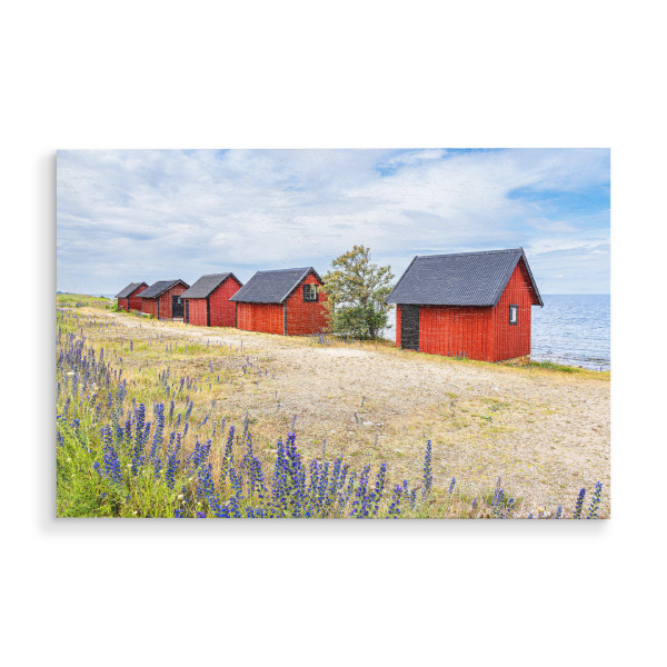 Holzbild "Rote Holzhütten auf Öland" artboxONE - Natur,Reise,Architektur,Reise / Strand und Meer,Reise / Länder