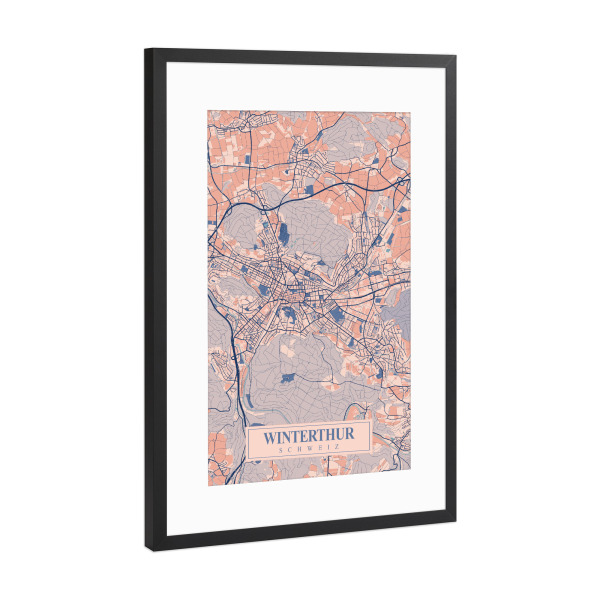 Poster mit Rahmen Schwarz (Metallic) "Winterthur Stadt Map" artboxONE - Städte / Weitere,Kartografie