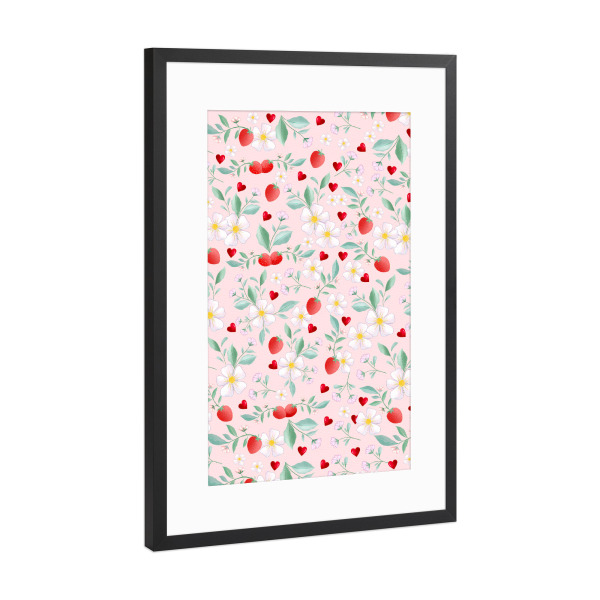Poster mit Rahmen Schwarz (Metallic) "Blumenmuster mit Erdbeeren" artboxONE - Natur,Floral,Liebe,Essen & Trinken / Obst & Gemüse