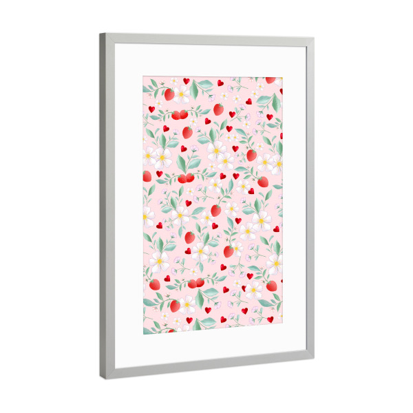 Poster mit Rahmen Silber "Blumenmuster mit Erdbeeren" artboxONE - Natur,Floral,Liebe,Essen & Trinken / Obst & Gemüse