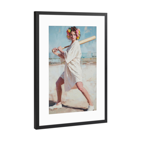 Poster mit Rahmen Schwarz (Metallic) "Bereit zu treffen" artboxONE - Menschen,Sport - Baseball,Fledermaus,Bademantel,Frau