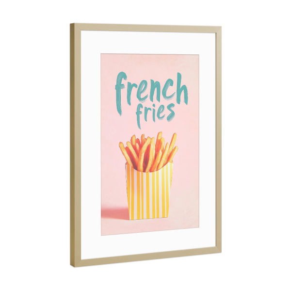 Poster mit Rahmen Gold "Streifenbox mit Pommes Frites" artboxONE - Typografie,Essen & Trinken