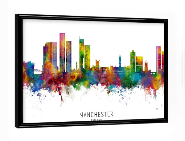 Poster mit schwarzem Rahmen "Manchester England Skyline II Txt" artboxONE - Städte