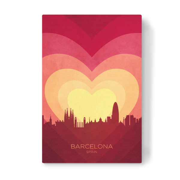 Leinwandbild "Barcelona Skyline Herz rot gelb" artboxONE - Städte - Barcelona,spanien,Herz,Liebe,Romantiker,Valentinstag,Skyline,Stadtbild,Stattbild