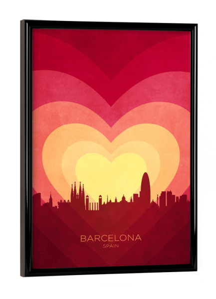 Poster mit schwarzem Rahmen "Barcelona Skyline Herz rot gelb" artboxONE - Städte